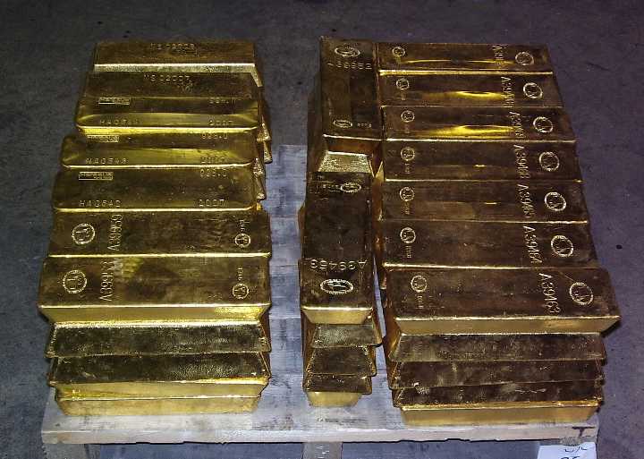 Gold bars stacked on a pallet within a wholesale bullion vault