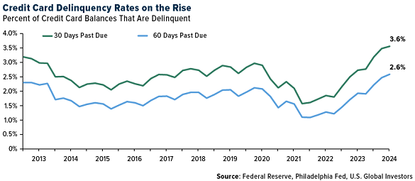 Chart of US credit-card delinquencies. Source: US Global Investors